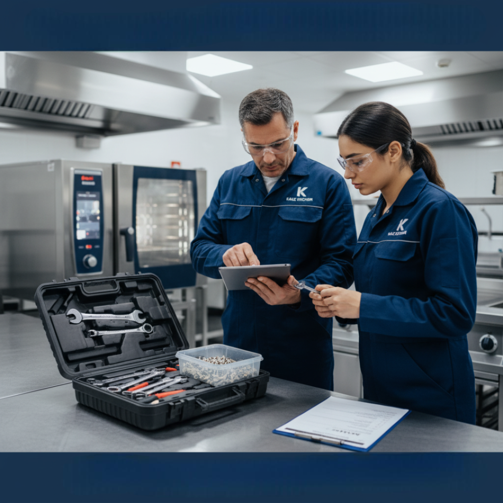 Technician performing preventive maintenance on kitchen equipment